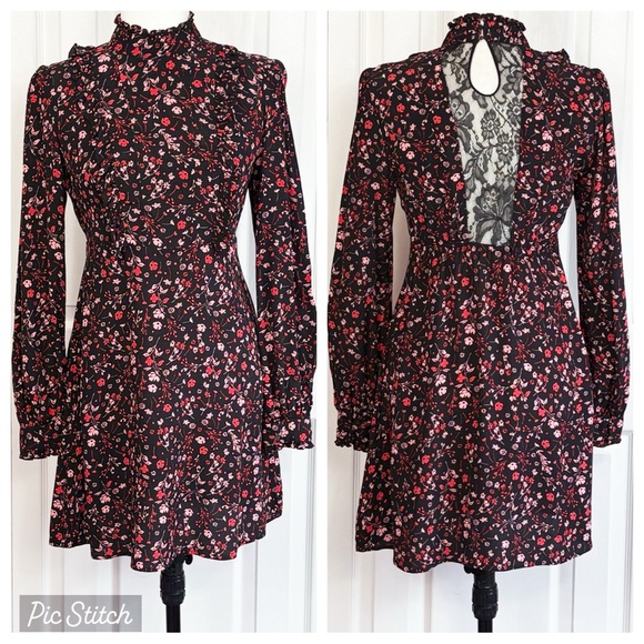 Express Black & Red Floral Ruffle High Neck Lace Inset Mini Dress 4 - Picture 1 of 16